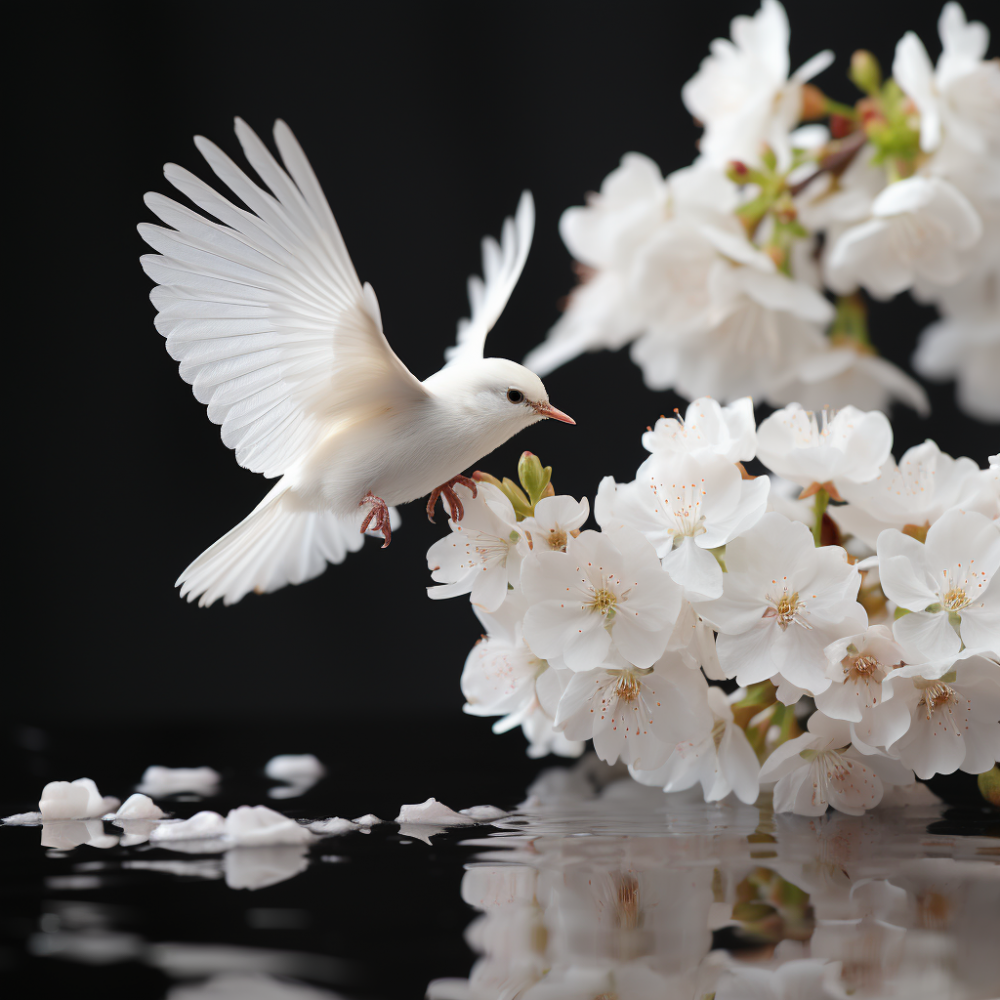 Oiseau blanc avec fleur blanche