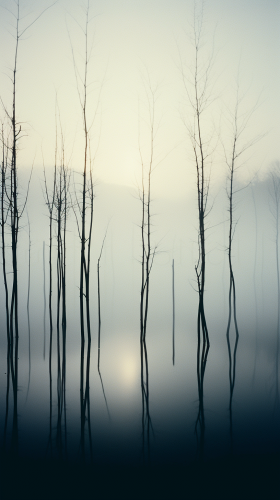 Arbres sur lac dans la brume