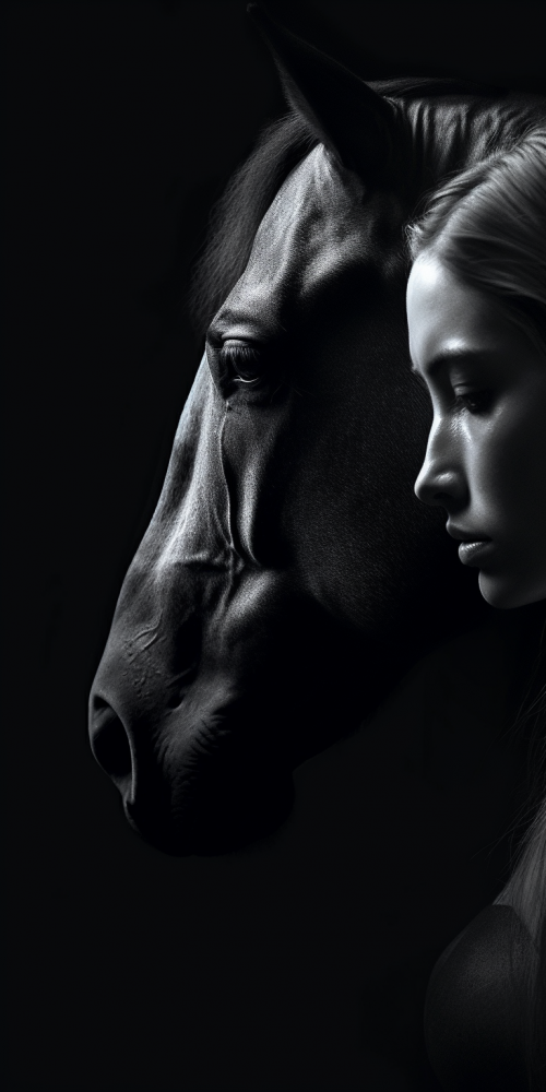 cheval et cavaliere profil noir et blanc