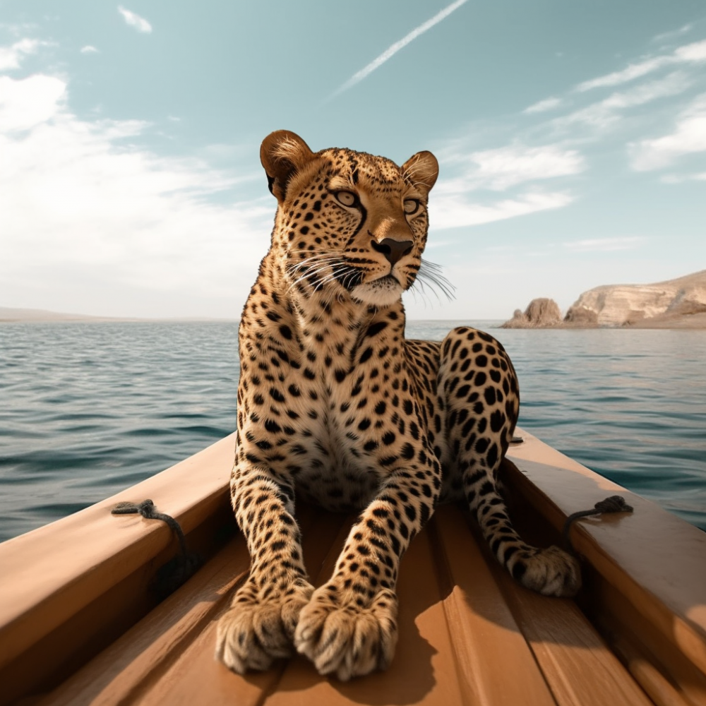 leopard de face sur barque