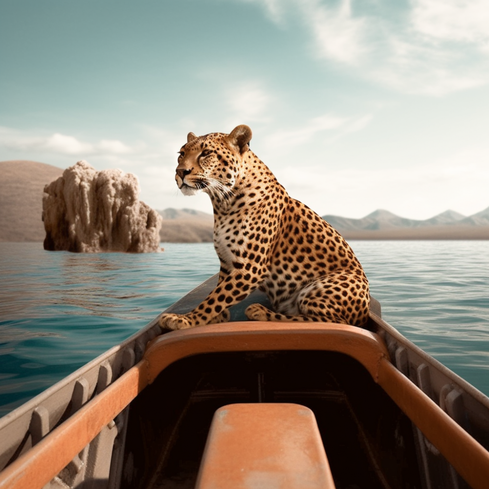leopard sur barque de profil