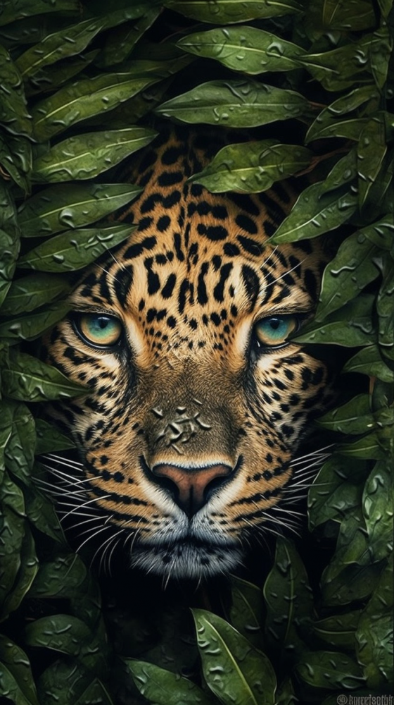 tête leopard dans feuilles